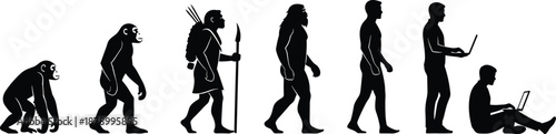 Silhouette evolution of man from primitive ape to modern human using laptop and computer, progress of humanity concept isolated on white background,