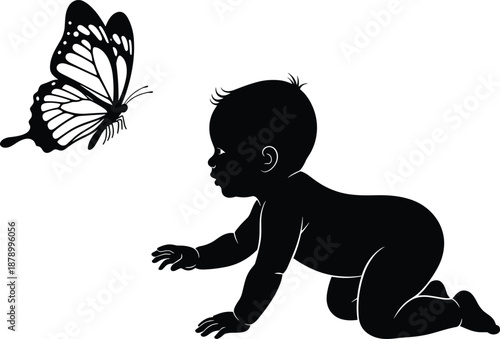 Silhouette of a cute crawling baby looking at a flying butterfly, childhood innocence and discovery concept, isolated on white background, vector illustration,