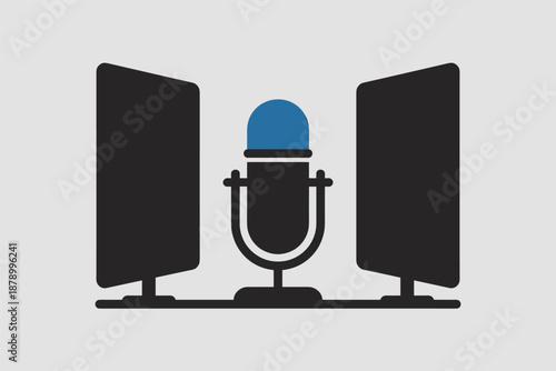 Podcast Recording Setup with Microphone and Monitors, digital broadcasting concept
