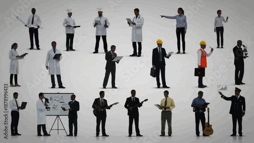Silhouettes of business professionals in various poses and attire