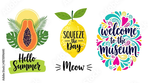 Vibrant stickers with summer phrases and a lemon on a colorful background work.