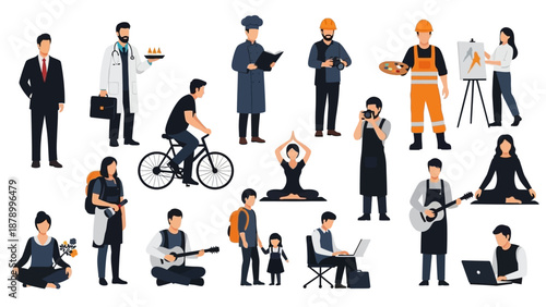 Diverse group of people engaging in various occupations and leisure activities