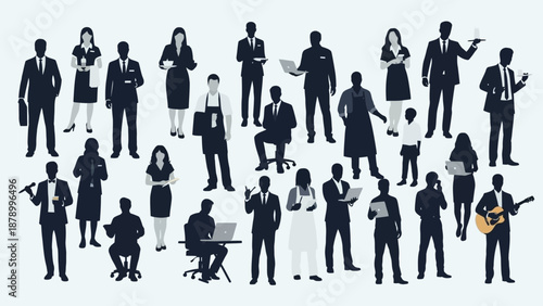 Diverse group of business professionals in various poses and activities