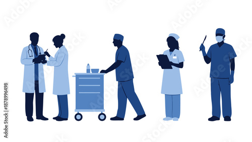Medical professionals in a hospital setting with a medicine cart