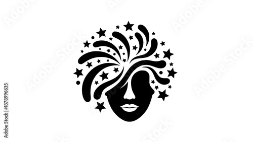 Artistic Woman Face Portrait Silhouette Featuring Creative Hair Design With Celestial Stars And Magic Sparkles