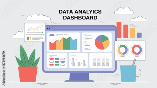 Computer screen displaying a data analytics dashboard with charts and graphs design