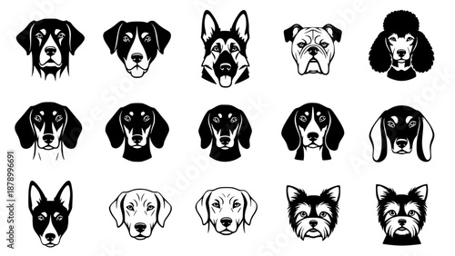 Dog Breed Icon Set Featuring German Shepherd Bulldog Poodle Labrador And Dachshund Puppy Face Silhouette Illustrations