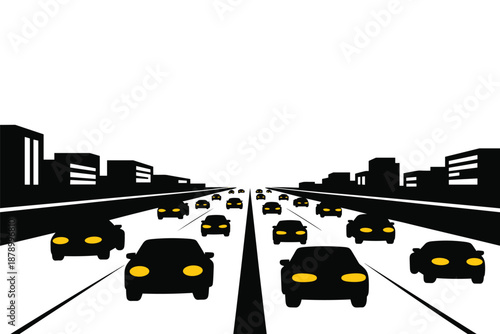 Urban Highway Traffic with City Skyline at Night, modern city life concept
