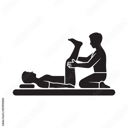 Physiotherapist assisting a patient with a leg stretch exercise black silhouette