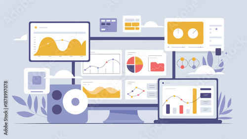Multiple screens displaying charts graphs and data analysis