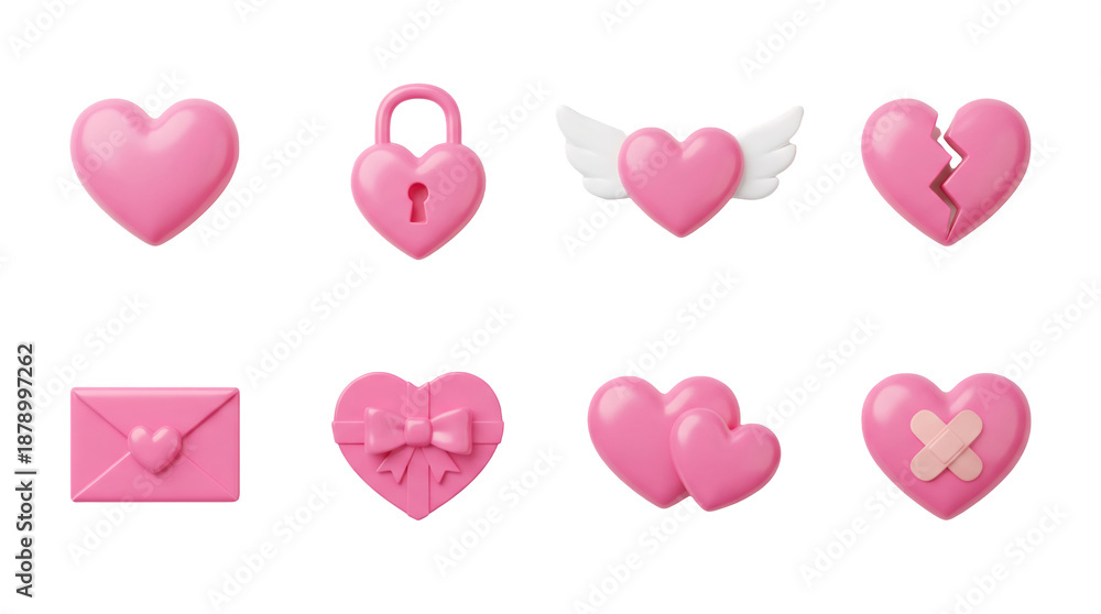 Fototapeta premium Pink glossy heart set including padlock, winged, broken, envelope, gift box, double, and bandaged variants isolated. Romantic love symbol collection for Valentine's day.