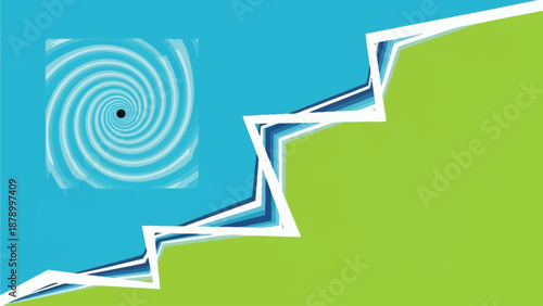 An abstract artwork depicts a swirling spiral shape emerging from a jagged green landscape.