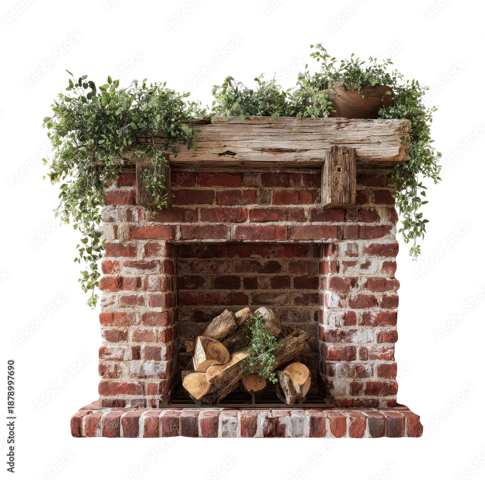 Naklejka premium PNG Rustic brick fireplace with greenery.