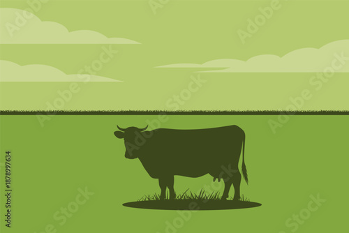 Cow Silhouette in Green Pasture, livestock farming concept