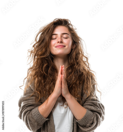 Meditative woman in white space lifestyle calm environment peaceful viewpoint mindfulness concept, isolated on transparent background, png