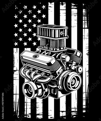 V8 Engine American Flag Car Enthusiasts