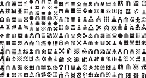 Collection of various black and white graphic design elements and symbols