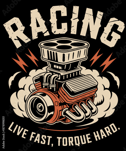 Retro Racing Engine Lightning Bolt Muscle Car