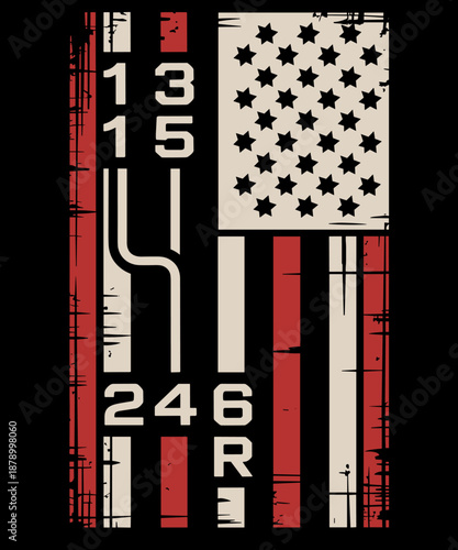 Funny Stick Shift USA Flag Muscle Car 6 Gears Mechanic