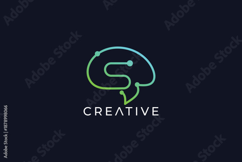 Modern Minimalist Letter e Brain Technology Logo Design Template on Black Background