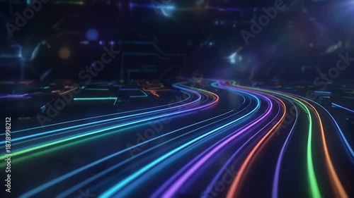 Abstract digital light trails forming a futuristic road or data stream on a dark background with bokeh effects