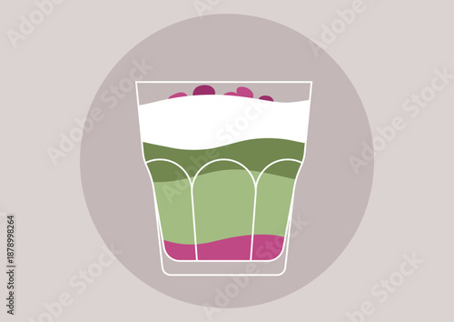 A beautiful dessert with rose and matcha flavor showcases vibrant green and purple layers, presented in an elegant glass at a trendy cafe, enticing passersby and tea lovers alike