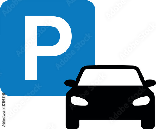 Blue parking sign with a black car and a large white letter P also transparent background