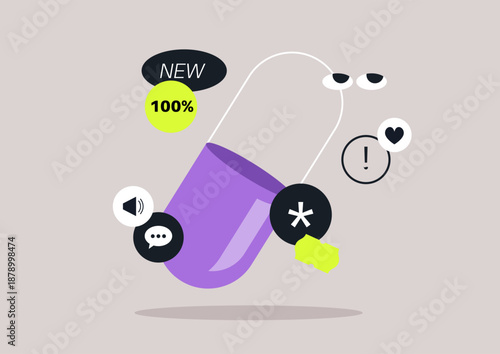 Bright and playful design showcases a vibrant pill surrounded by engaging marketing icons, including new and excitement elements, creating a lively atmosphere for advertising