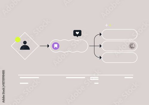 Detailed user flow scheme illustrates the journey of users, showcasing decision points, interactions, and outcomes in a modern digital context