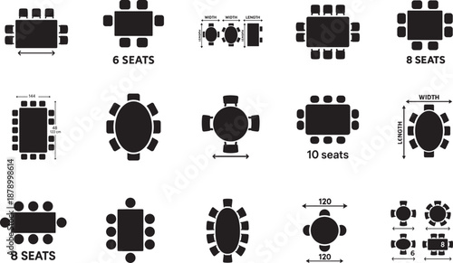Table dimension pictogram icons showing round, oval, rectangular tables, top view seating counts, EPS.