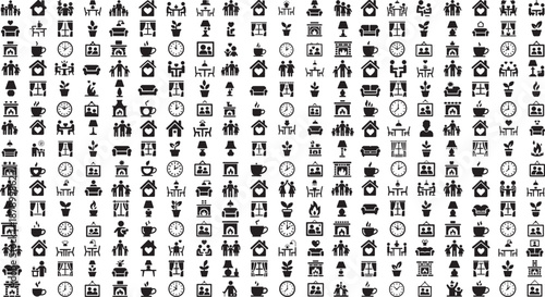 Collection of various black and white icons on a white background for graphic design