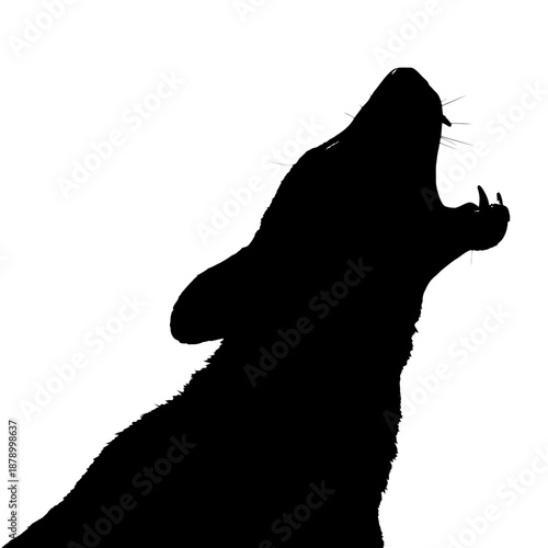 Silhouette of a howling wolf against a bright white background.