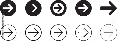   Minimalist right arrow icon set in solid black and outline circle, clean flat vector style, EPS.
