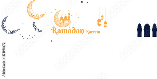 Ramadan kareem greeting with mosque and lanterns