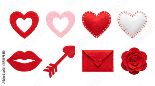 Valentine's Day felt craft set including hollow hearts, stitched pillows, lips, arrow, envelope, and rose flower isolated. Romantic holiday decoration and DIY elements.