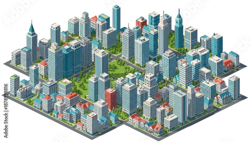 Isometric illustration of a modern metropolitan skyline with tall buildings, green areas, and organized streets forming a clean urban layout. This cityscape represents urban growth, architecture, and 