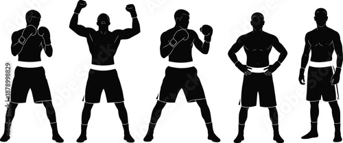 Black And White Vector Illustration Of Multiple Boxer Silhouettes In Various Athletic Poses Including Fighting Stance And Victory Poses For Sports And Fitness Design