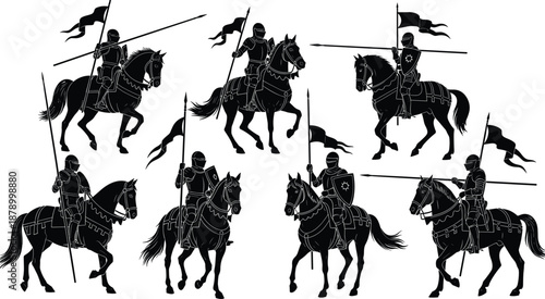 Black And White Vector Illustration Of Multiple Medieval Knight Silhouettes On Horseback Carrying Lances And Flags For History Warfare Fantasy And Heraldry Design Projects
