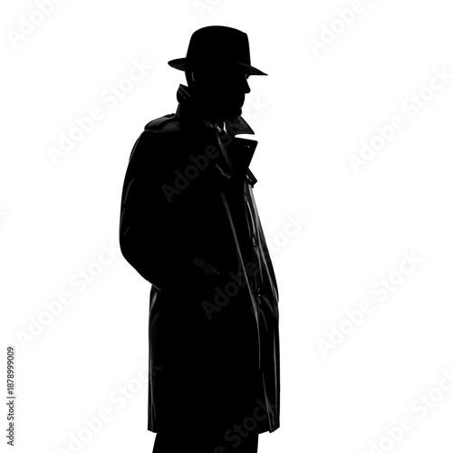 Silhouette of a man in a hat and trench coat, mysterious figure.