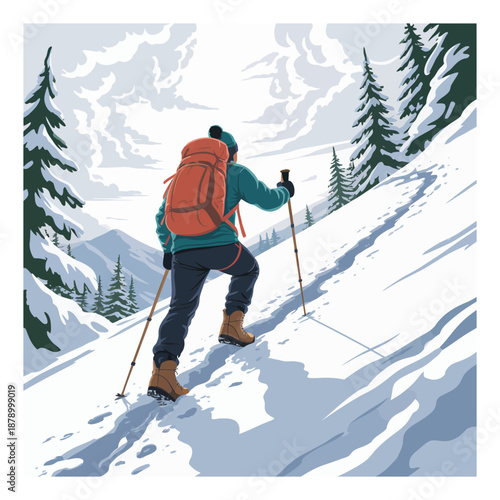 Hiker Adventurer Climber Backpacker Man Ascending Snowy Mountain Scene Vector Illustration Trekking on Foot with Backpack and Poles to Explore Nature and Reach Peak