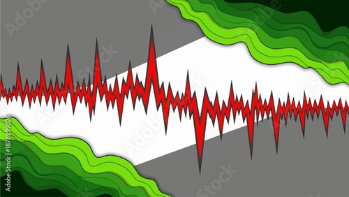 A person views a green and grey illustrated background work on a computer screen displaying a red waveform.
