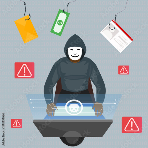 Hacker conducting a phishing attack using fake emails and online traps, targeting users with cyber threats, data theft, financial fraud, and digital security risk.