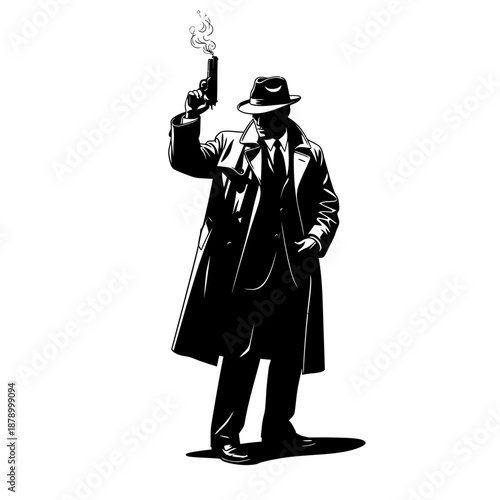 Silhouette of a man holding a smoking gun, wearing a hat.