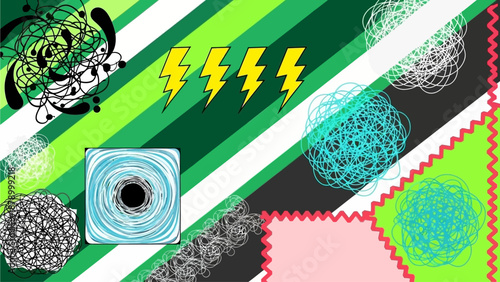 Vibrant abstract artwork features swirling shapes and lightning bolts on striped background with geometric patterns