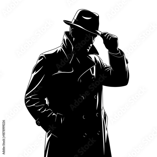 Silhouette of a man in a trench coat and fedora hat, mysterious figure.