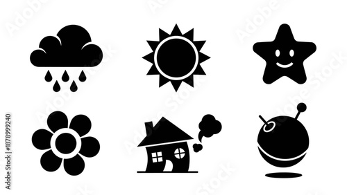Black and white flat icon illustration set featuring weather elements, houses, clouds, sun, rain, and environmental symbols in a simple and playful style. This minimal vector design represents weather