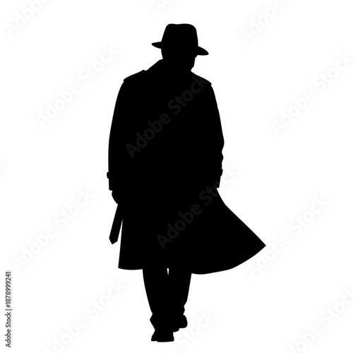 Silhouette of a man in a trench coat and fedora walking forward.