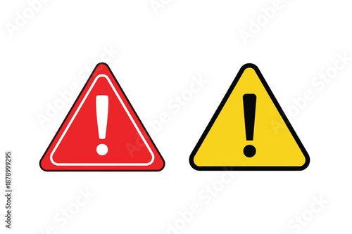 A set of red and yellow triangle warning sign with a exclamation mark symbol inside vector illustration