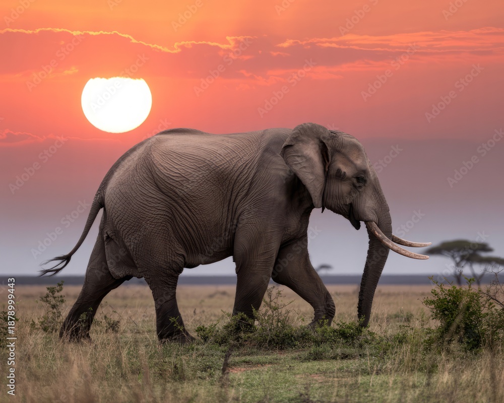 Fototapeta premium Majestic elephant walking towards sunset in savannah landscape