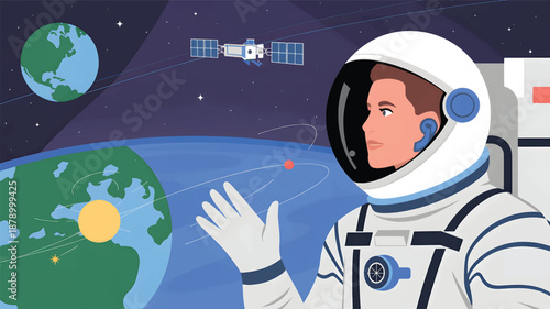 Astronaut in space suit floating near Earth with satellite in background helmet planet
